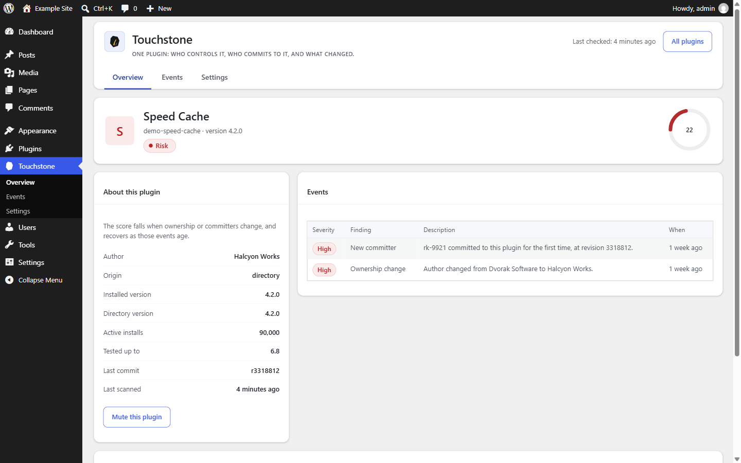 The committer history panel on a plugin detail screen, listing each committer with the first and last SVN revision they touched